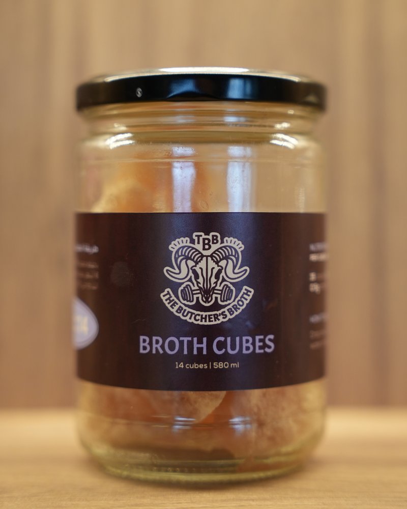 Jar of fourteen frozen bone broth cubes from The Butcher's Broth